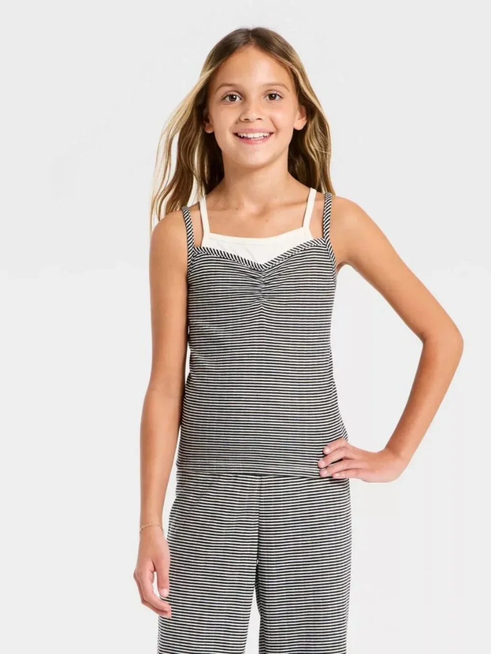 (L) Art Class Girls' Jacquard Striped Tank Top & Pants Pajama Set - Black/White